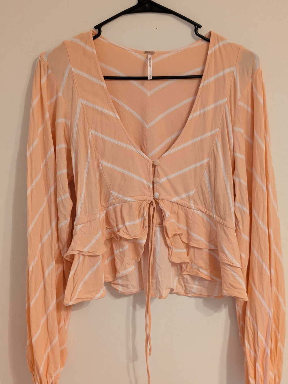 Free People Peach & White Striped Tie-Front Ruffle Crop Top